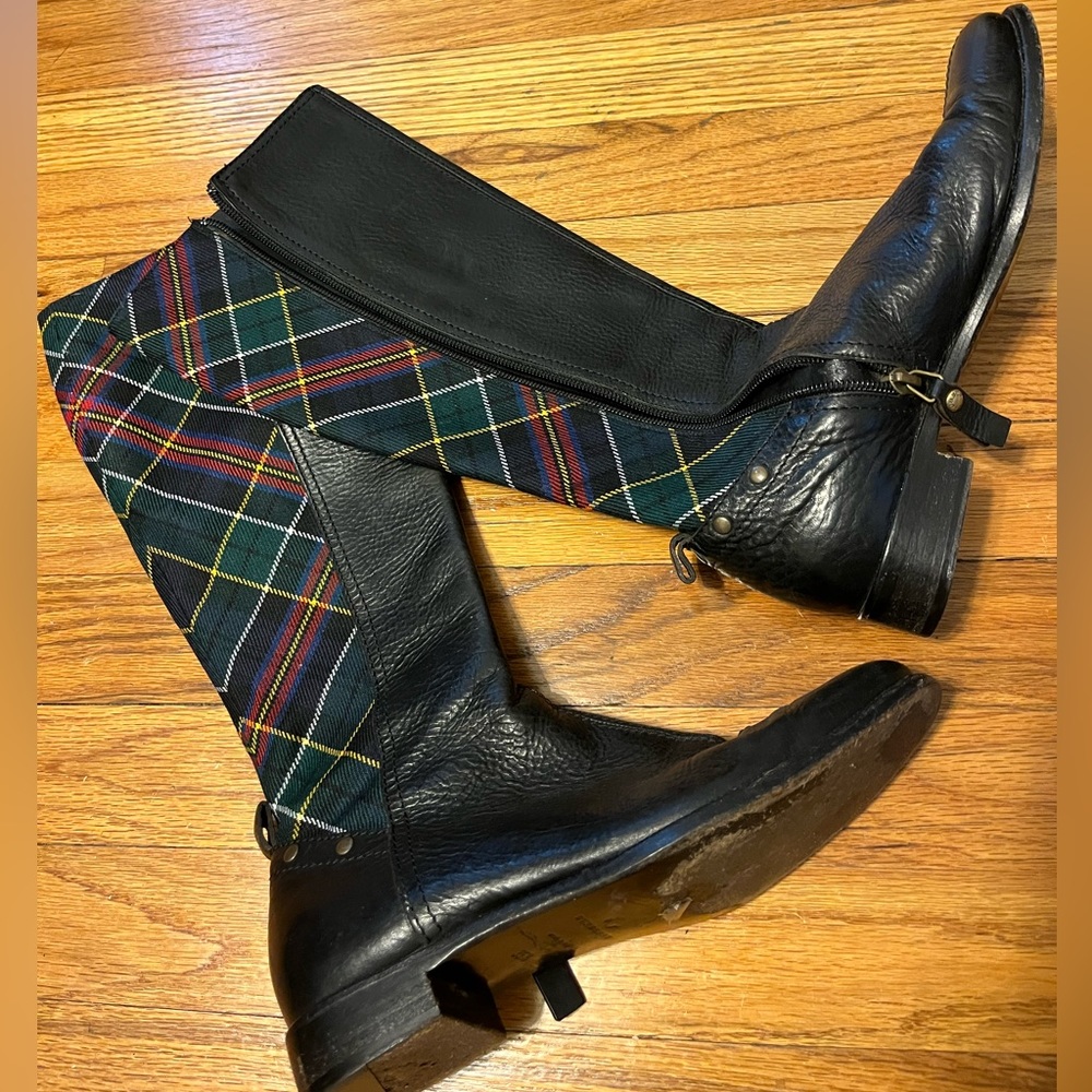 BURBERRY Vintage Black Leather & Classic Plaid Fabric Back Zip Up Boots 35.5